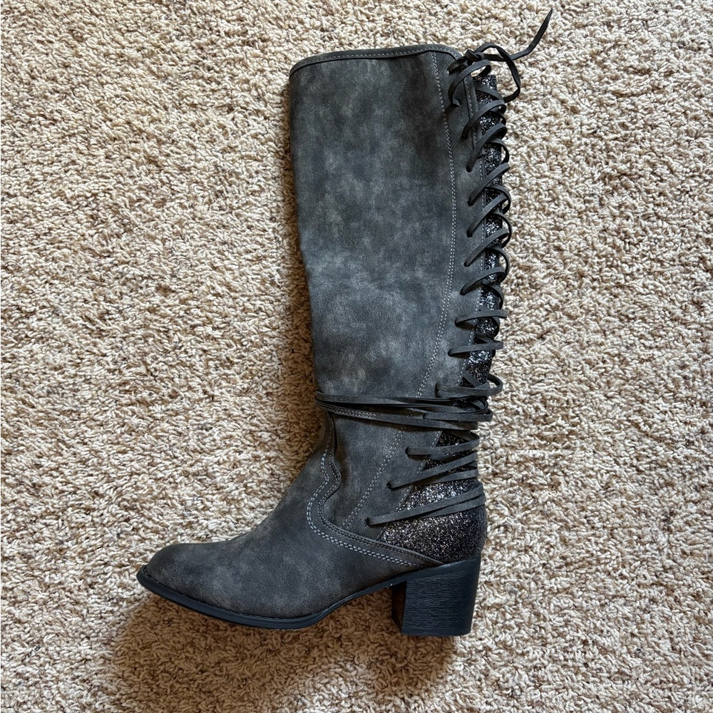 Gray Lace-Up Knee-High Boots